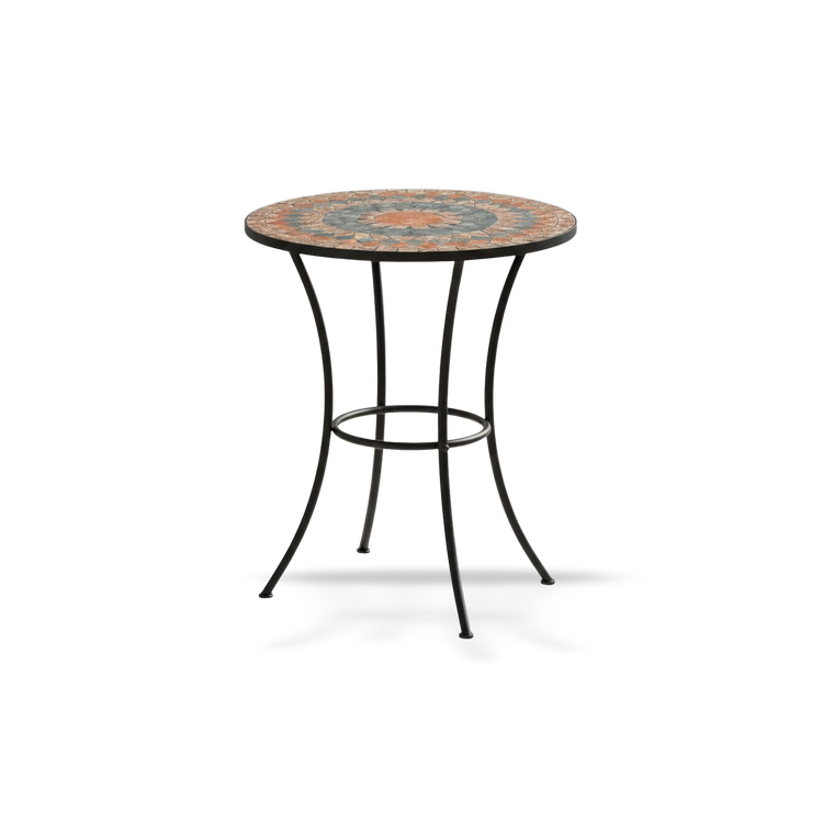 Round mosaic outdoor patio bistro table with grey and orange ceramic top on curved black metal legs.