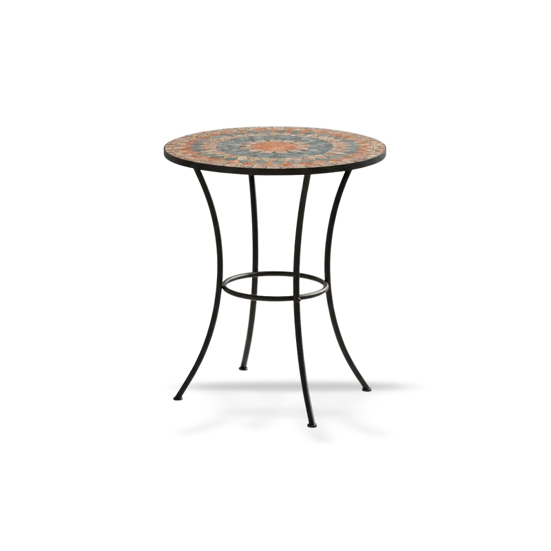 Round mosaic outdoor patio bistro table with grey and orange ceramic top on curved black metal legs.