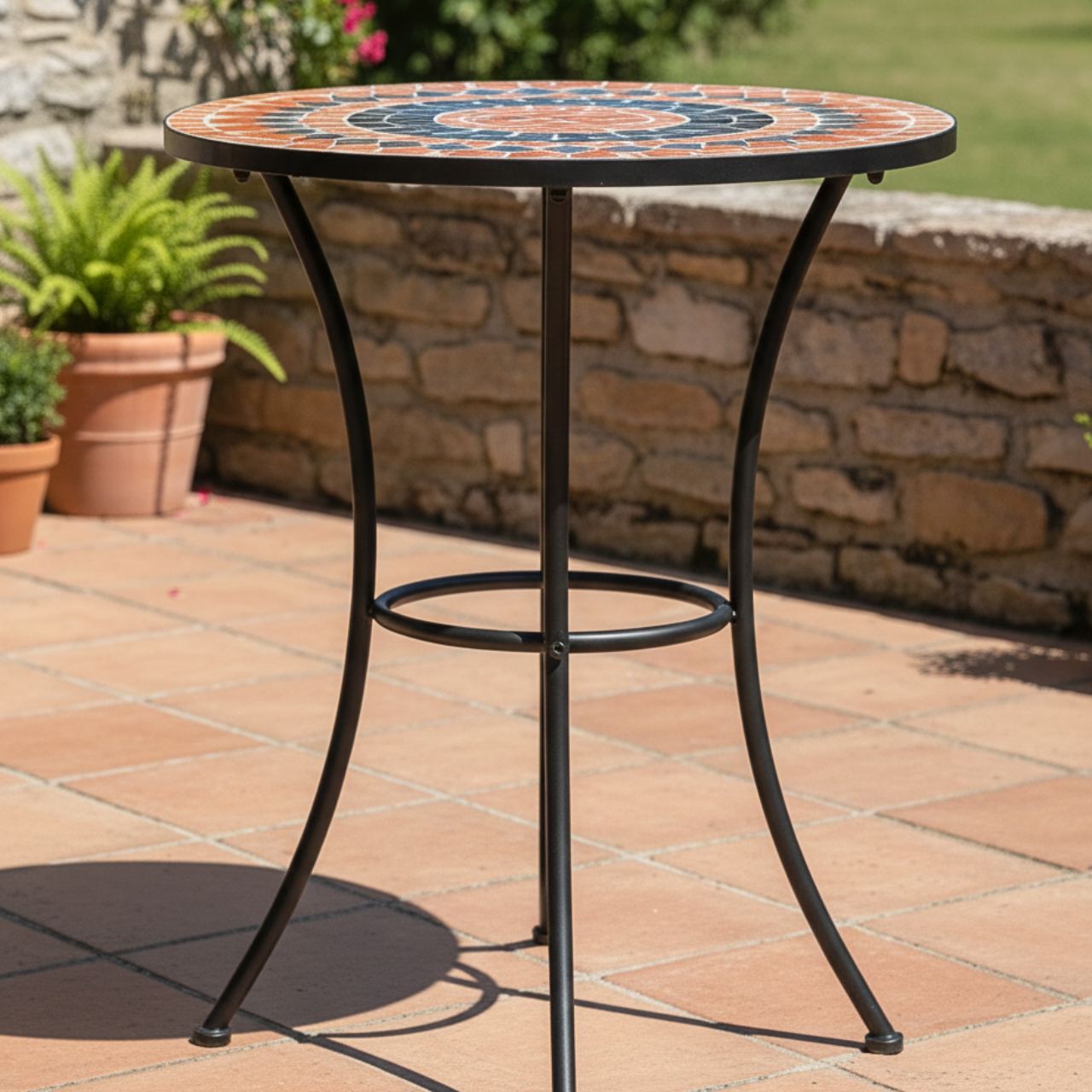 Round outdoor patio bistro table with grey and orange mosaic ceramic top on curved black metal legs.