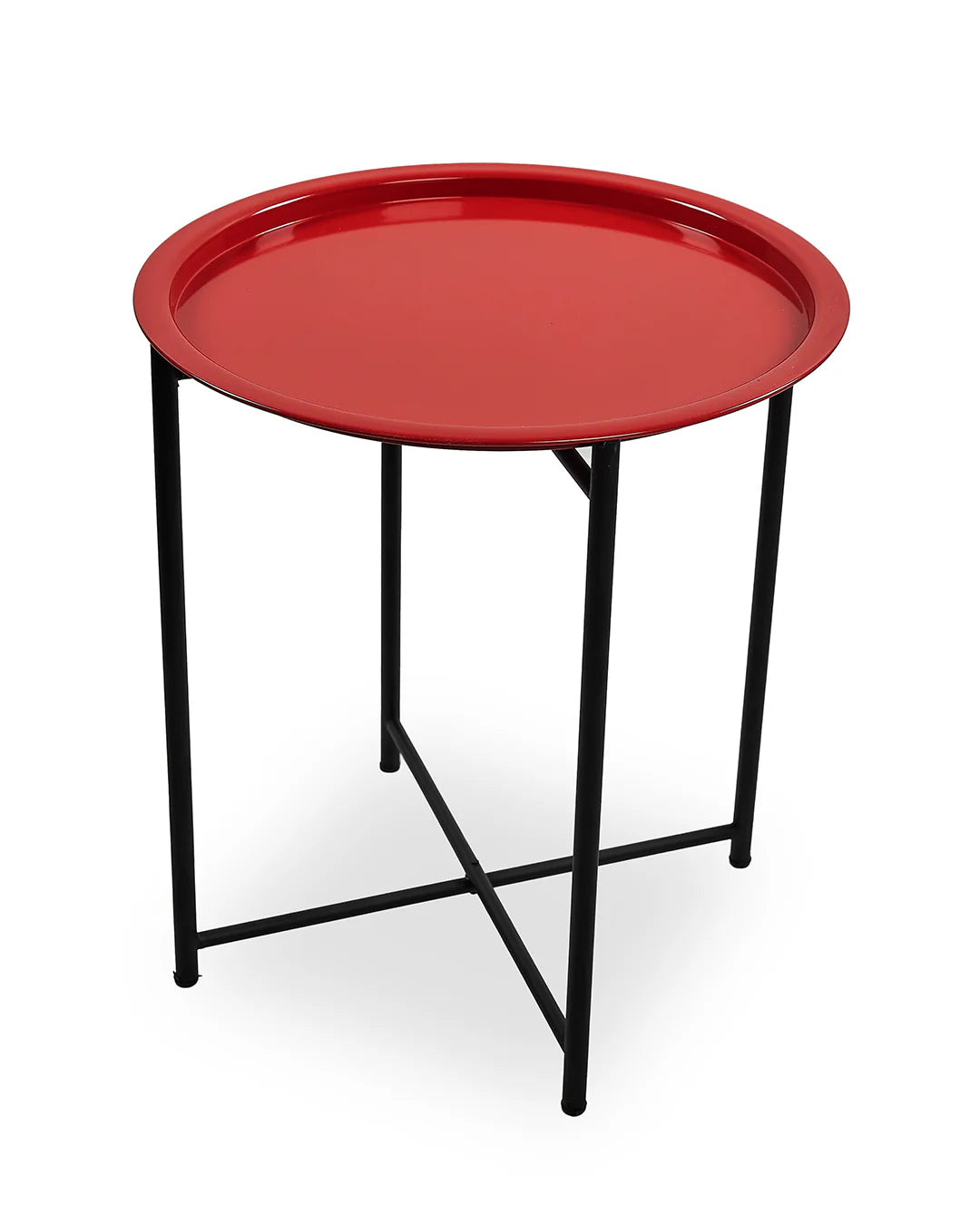 Round red tray table with black metal legs on a white background