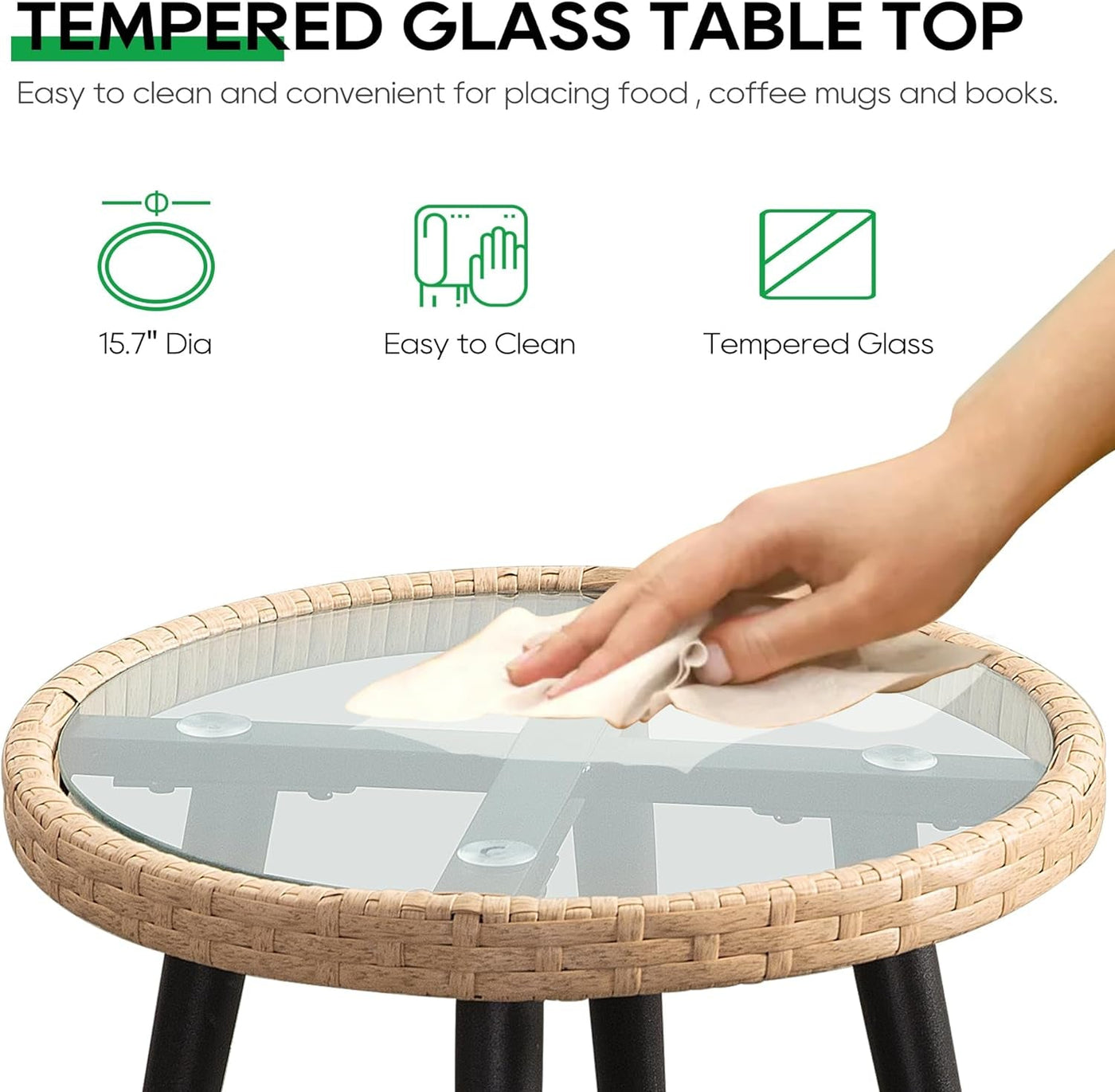 Round table with a glass top being cleaned by a hand, featuring text about tempered glass and ease of cleaning.