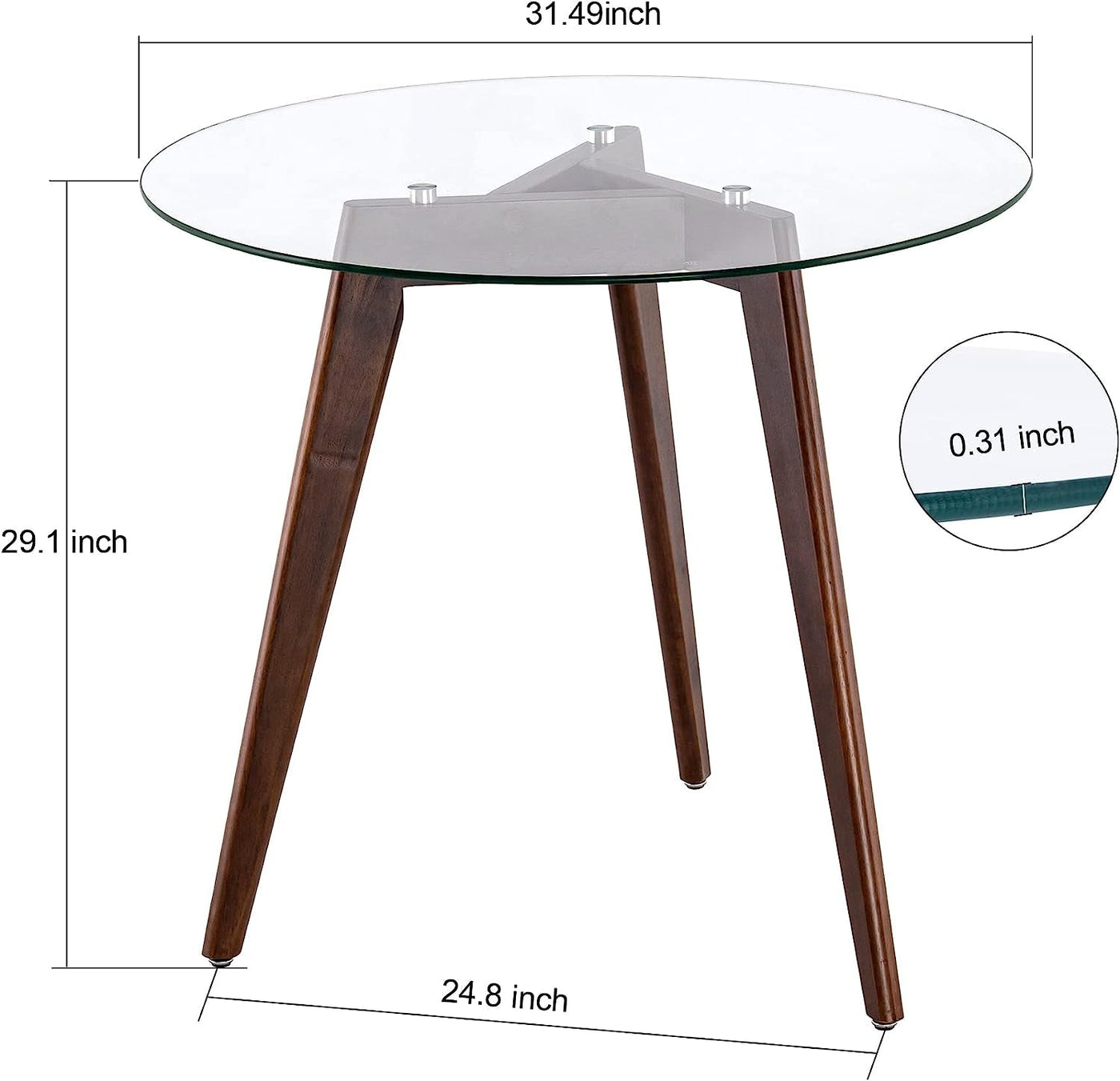 Round tempered glass dining table with 8mm beveled edge and warm oak tripod base, mid-century modern.