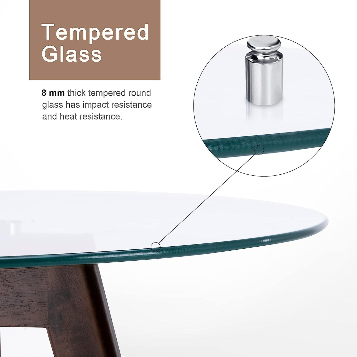 Round tempered glass dining table with 8mm beveled edge on a warm oak tripod base, mid-century modern.