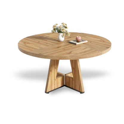 round solid wood dining table detail, sculpted pedestal base
