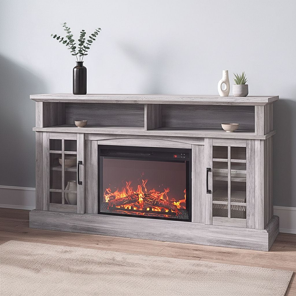 58-inch Rustic Fireplace TV stand with integrated electric fireplace and storage, gray-washed finish.