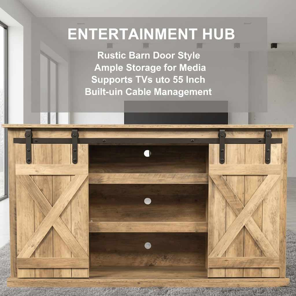 Rustic TV stand with sliding barn doors in walnut finish Features, open shelves and cable management.