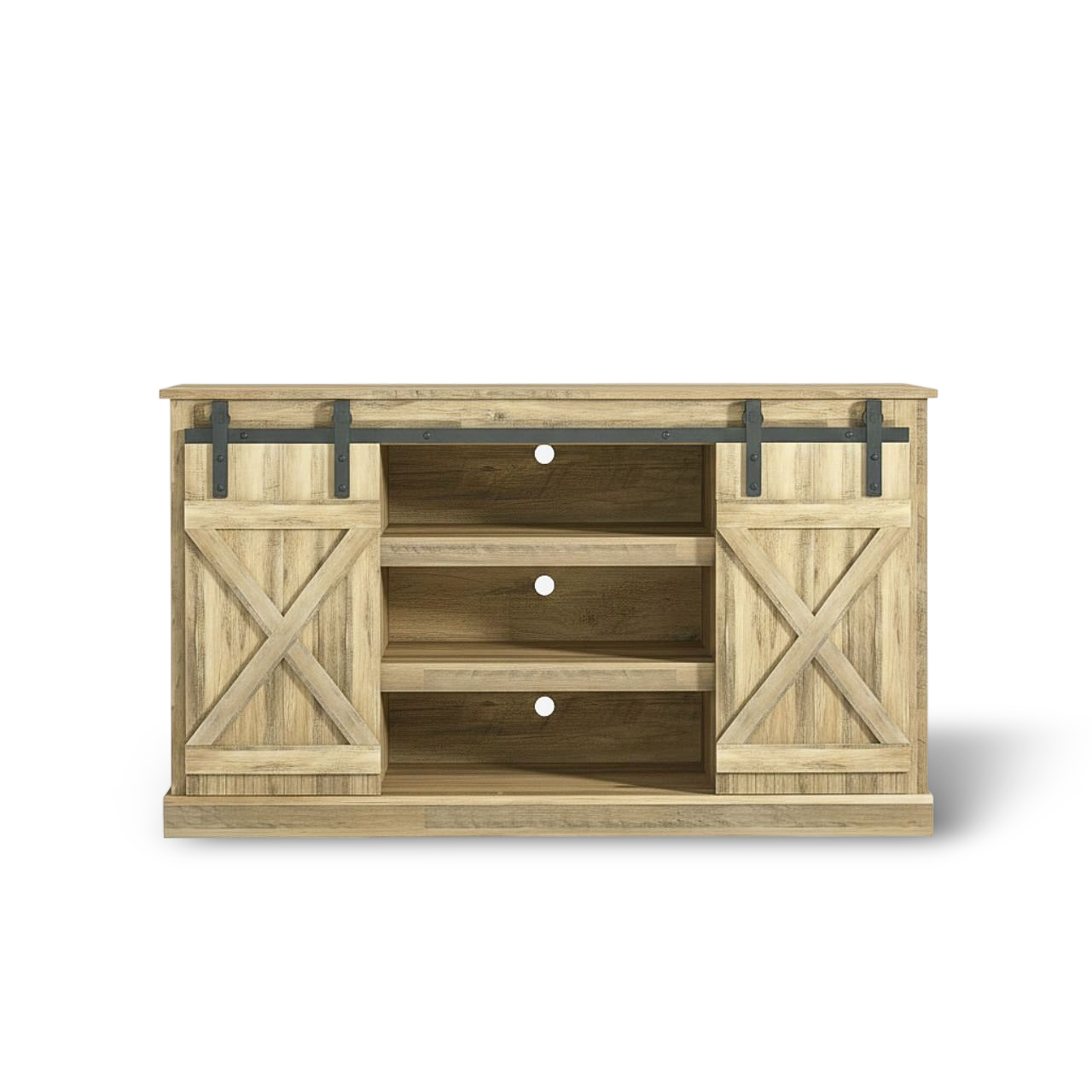 Rustic TV stand with sliding barn doors in walnut finish, open center shelves, modern farmhouse centerpiece.
