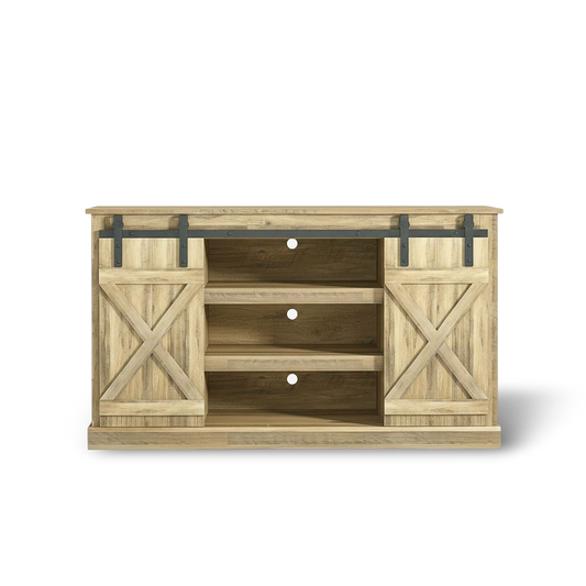 Rustic TV stand with sliding barn doors in walnut finish, open center shelves, modern farmhouse centerpiece.