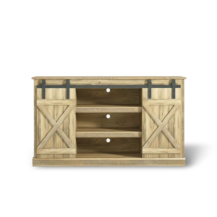 Rustic TV stand with sliding barn doors in walnut finish, open center shelves, modern farmhouse centerpiece.