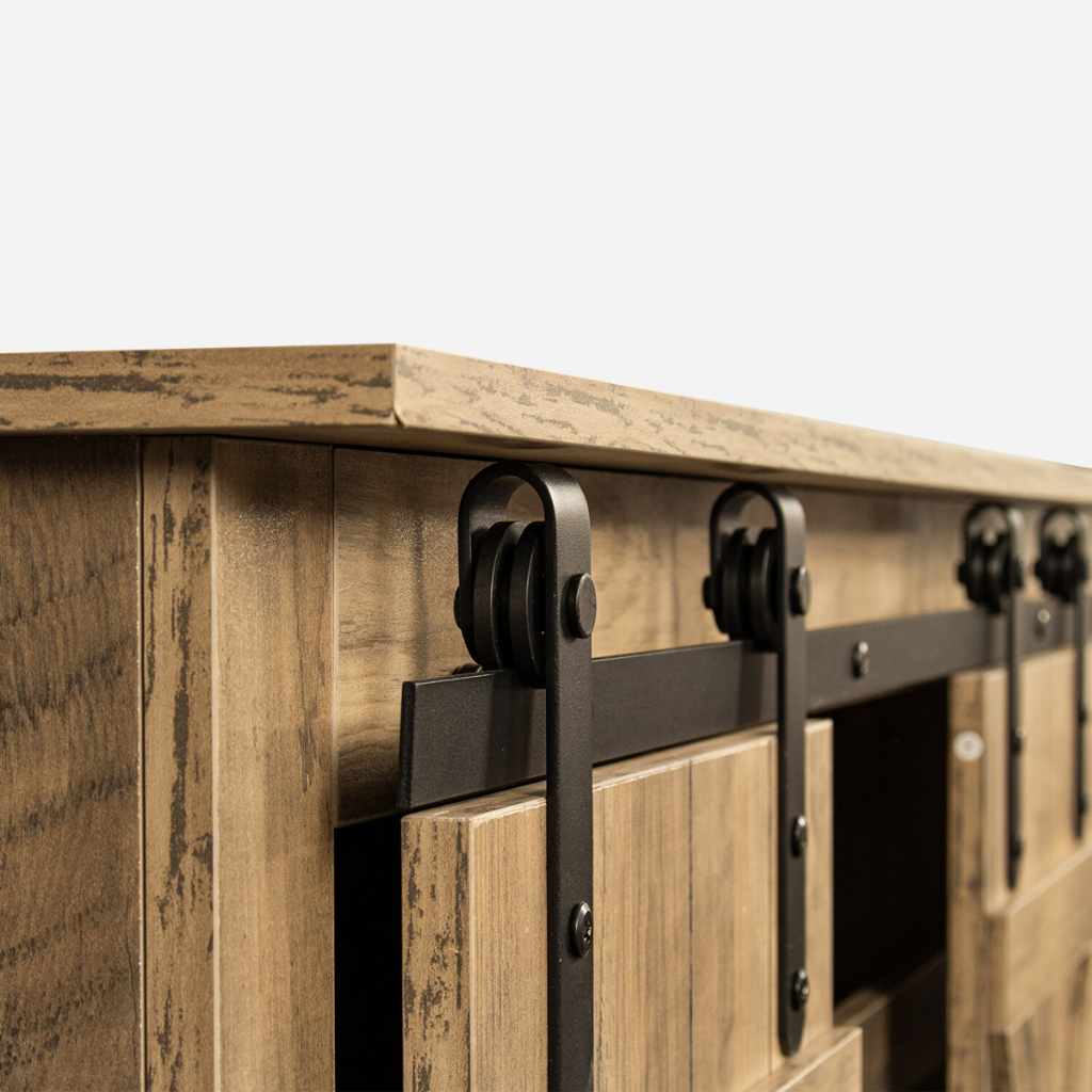 Rustic walnut-finish TV stand with sliding barn door; close-up of black metal hardware.