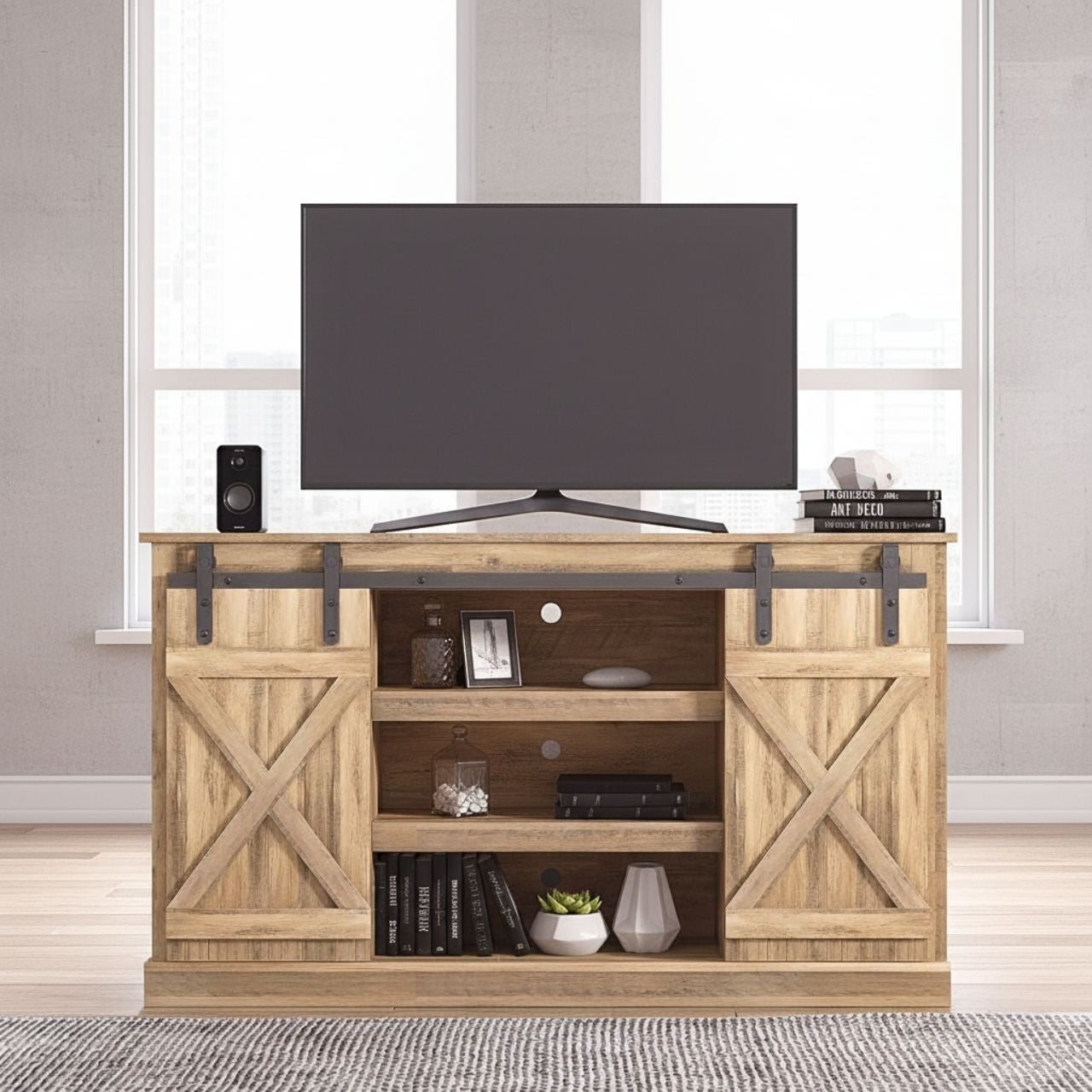 Rustic walnut-finish TV stand with sliding barn doors, X-style panels, and open center shelves.