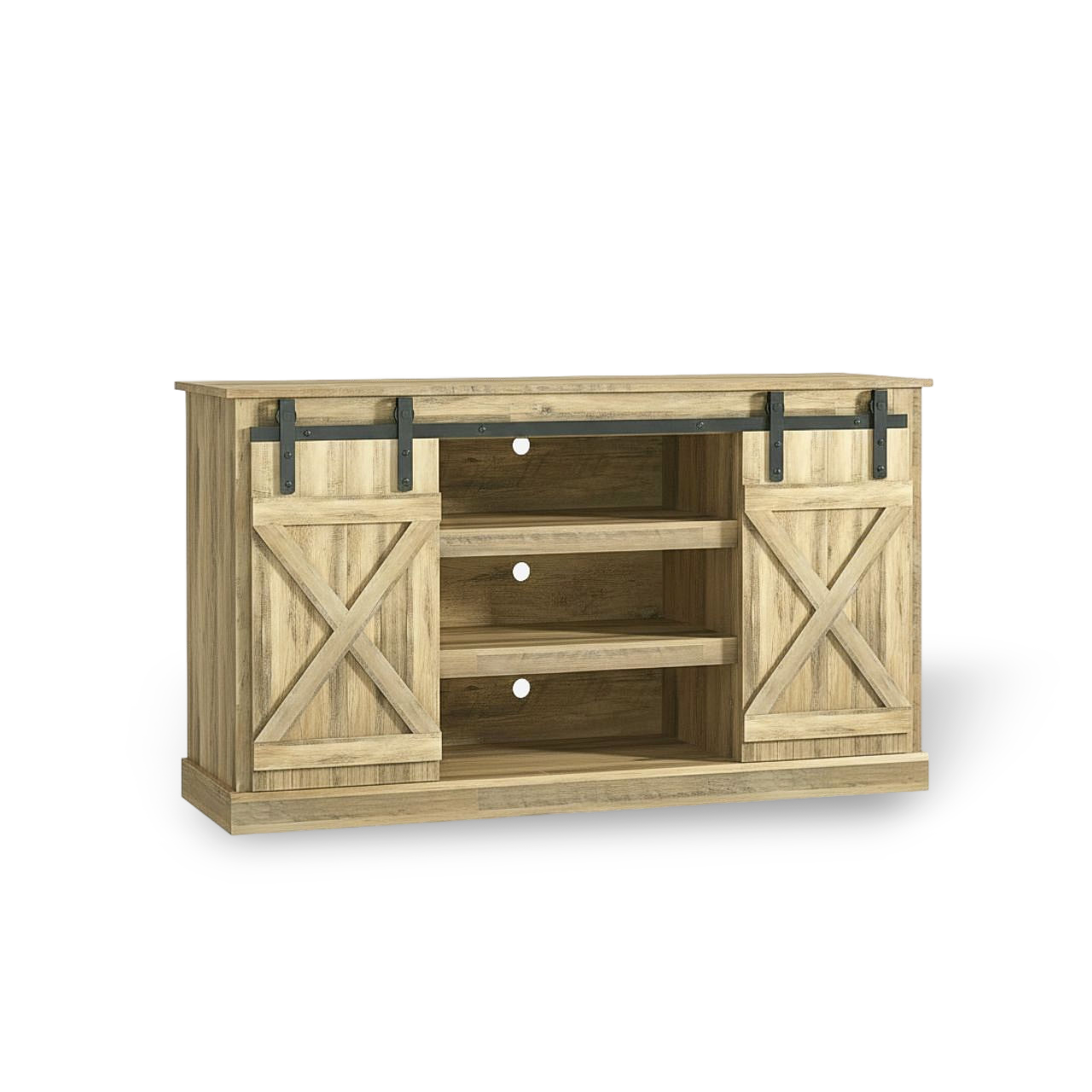Rustic walnut-finish TV stand with sliding barn doors, open shelves, and black metal track.