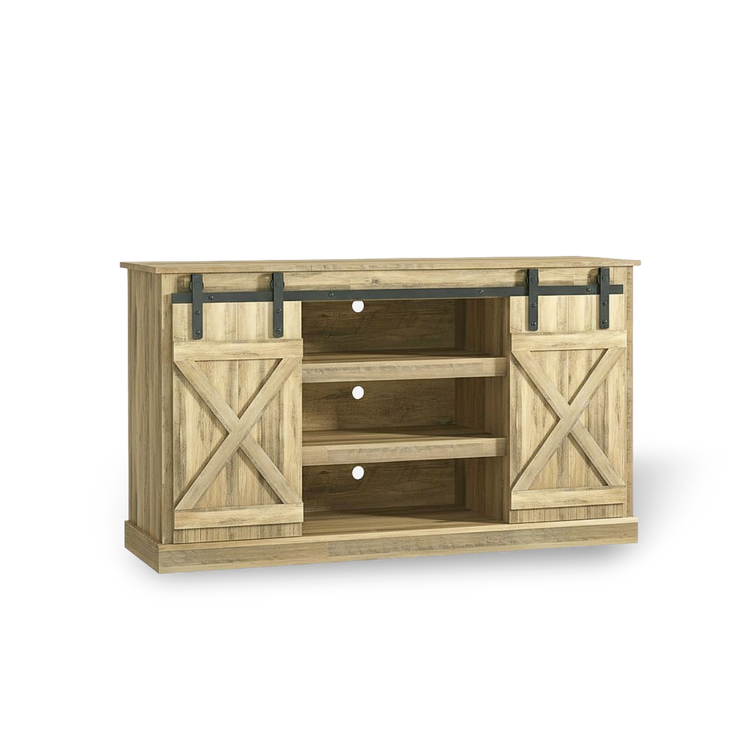 Rustic walnut-finish TV stand with sliding barn doors, open shelves, and black metal track.