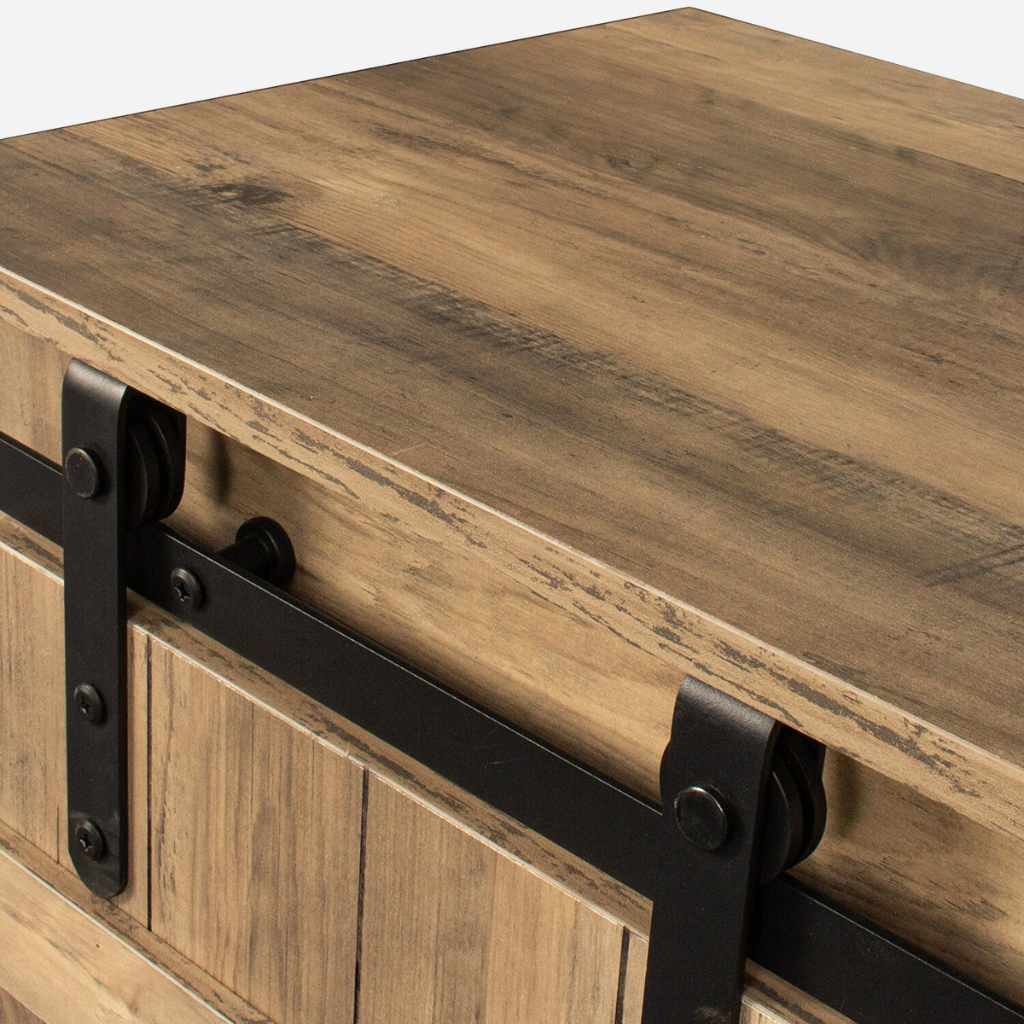 Rustic walnut-finish TV stand with sliding barn doors and black metal hardware.