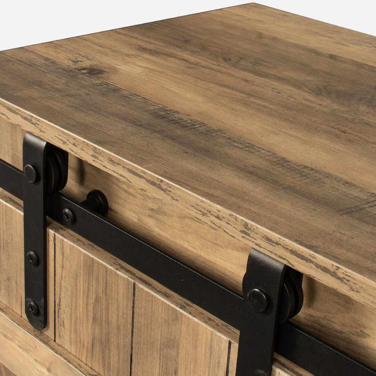 Rustic walnut-finish TV stand with sliding barn doors and black metal hardware.