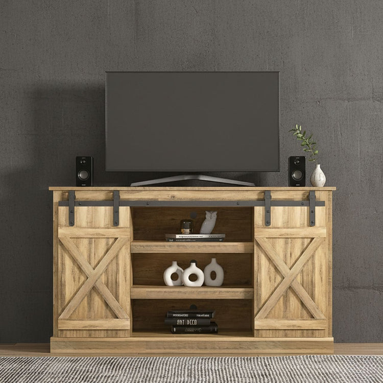 Rustic walnut-finished TV stand with sliding barn doors, shelves, and industrial hardware for a modern farmhouse look.