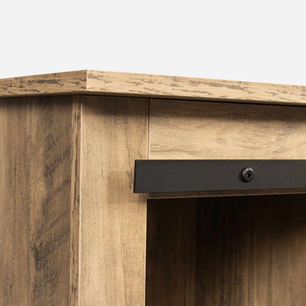 Rustic walnut TV stand with sliding barn door and black hardware.