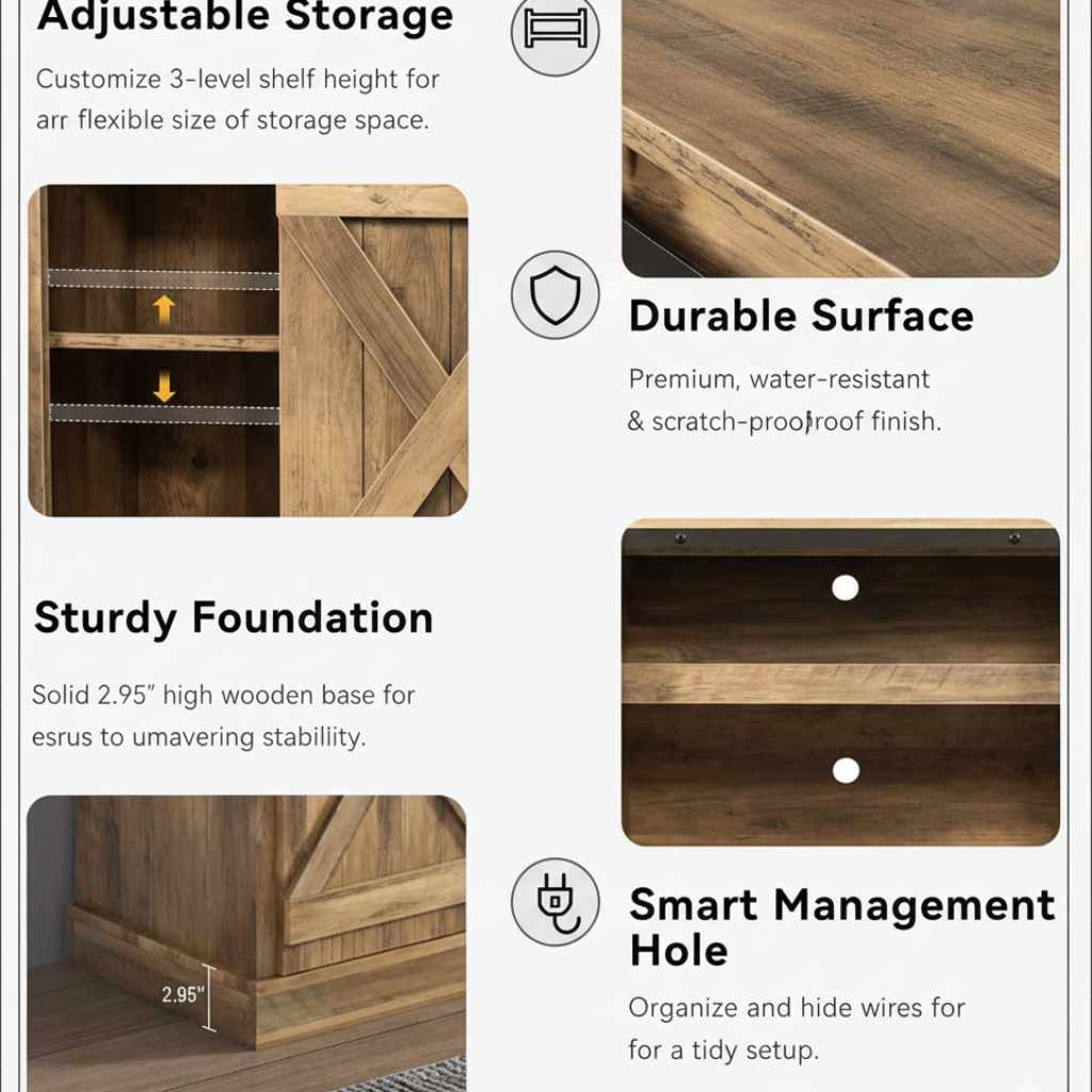 Rustic walnut TV stand with sliding barn door features, modern farmhouse style, adjustable shelves and cable management.