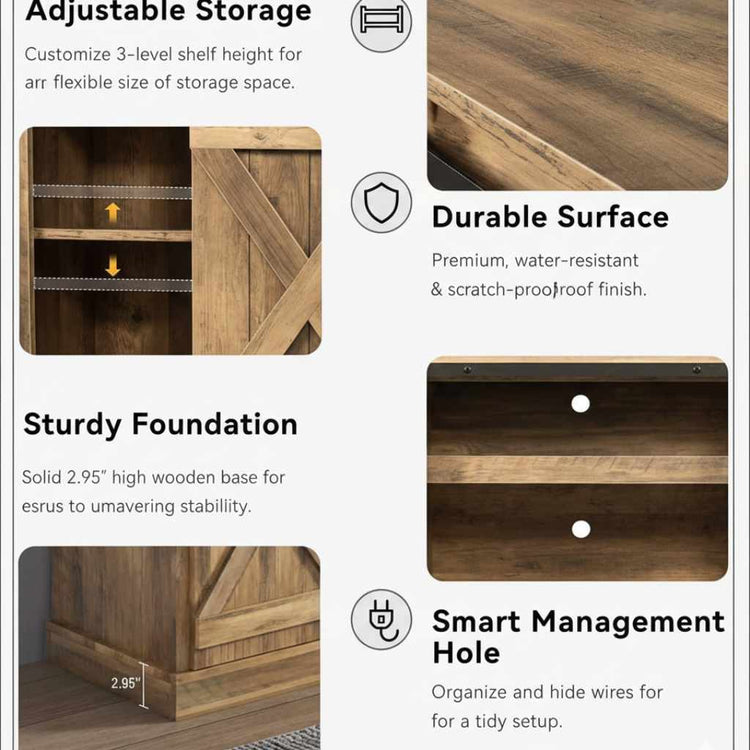 Rustic walnut TV stand with sliding barn door features, modern farmhouse style, adjustable shelves and cable management.