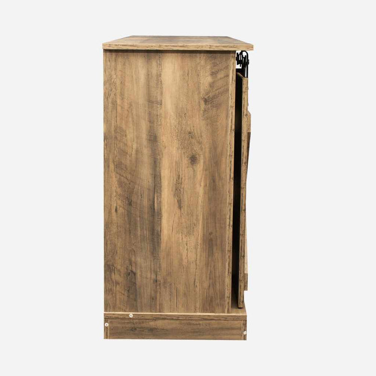 Rustic walnut TV stand with sliding barn door in modern farmhouse style.
