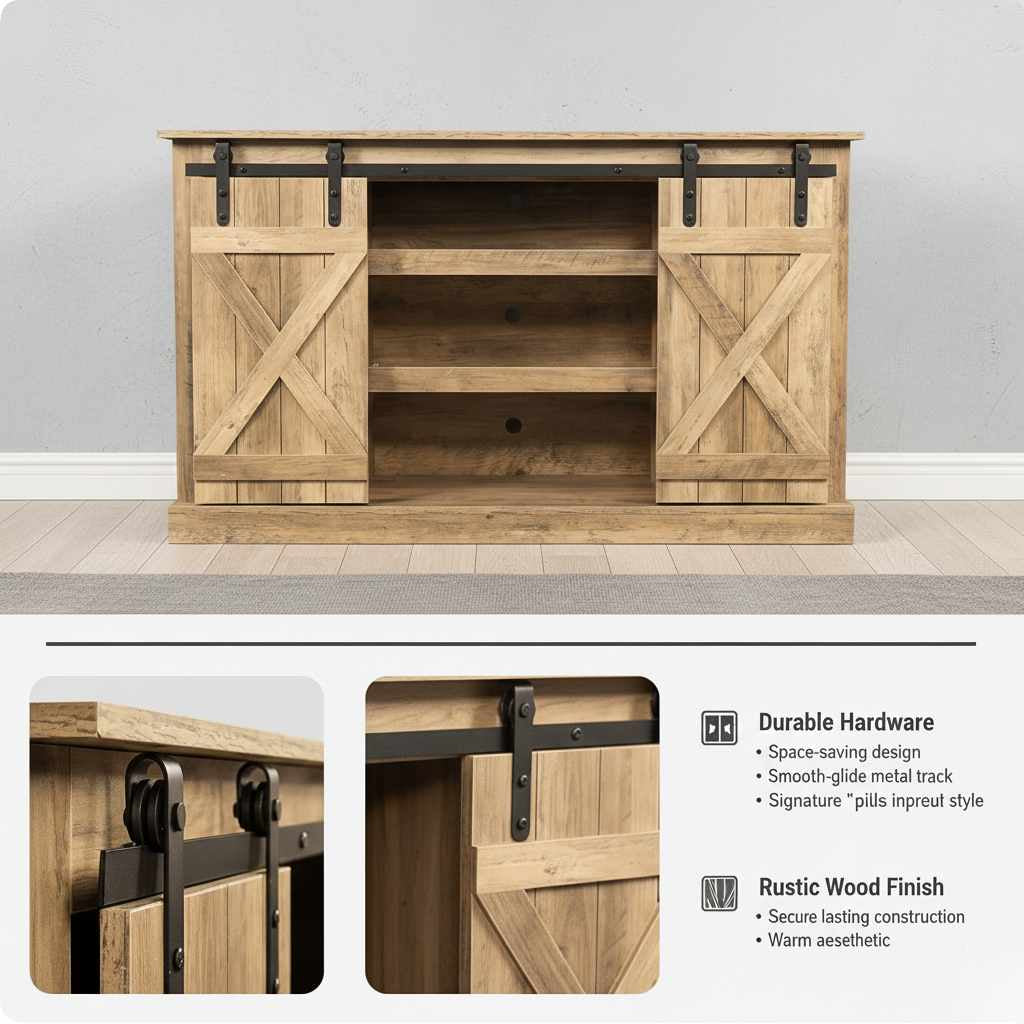 Rustic walnut TV stand with sliding barn doors, three center shelves features, and black metal track hardware.