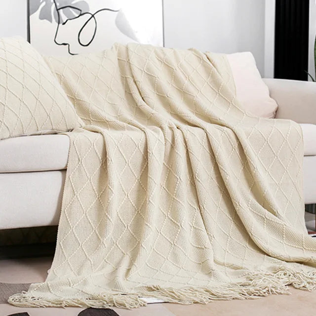 Nordic Knitted Throw Blanket with Tassels