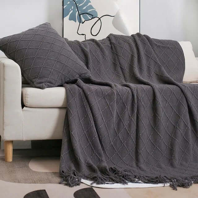 Nordic Knitted Throw Blanket with Tassels