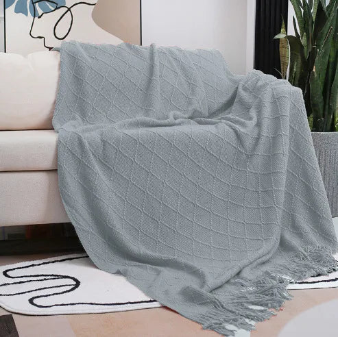 Nordic Knitted Throw Blanket with Tassels