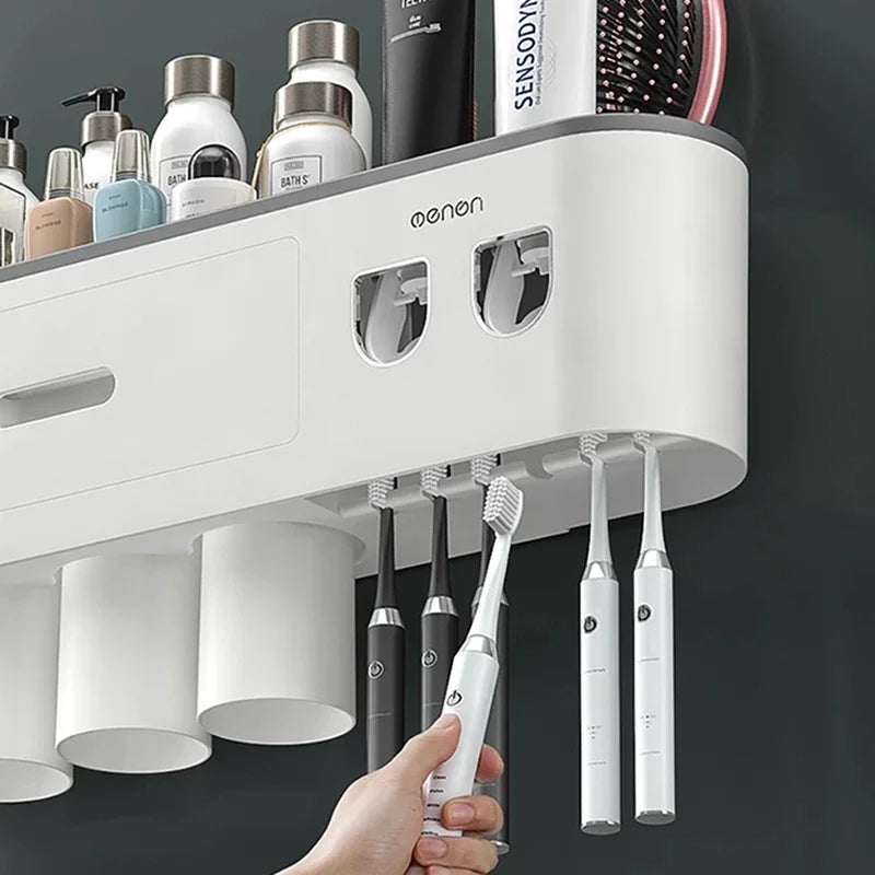 Magnetic Adsorption Inverted Toothbrush Holder Wall-Mounted Double Automatic Toothpaste Dispenser Rack Bathroom Accessories