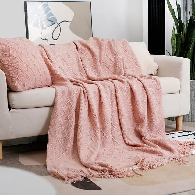 Nordic Knitted Throw Blanket with Tassels