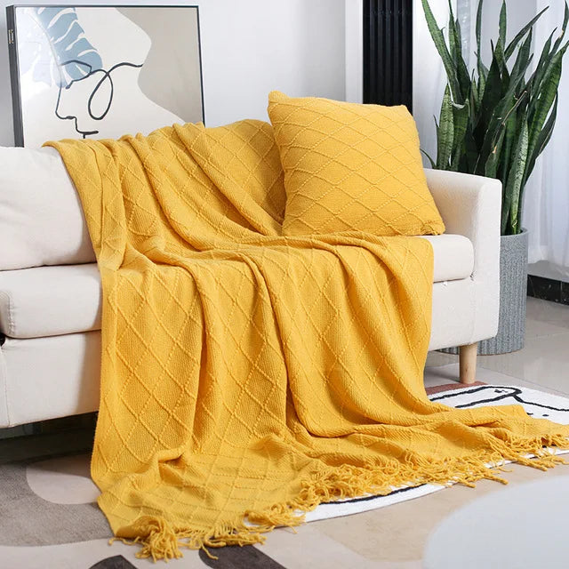 Nordic Knitted Throw Blanket with Tassels