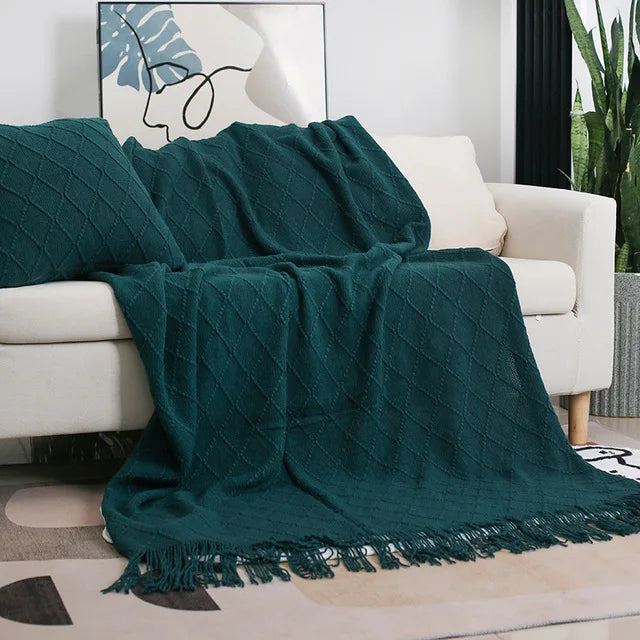 Nordic Knitted Throw Blanket with Tassels