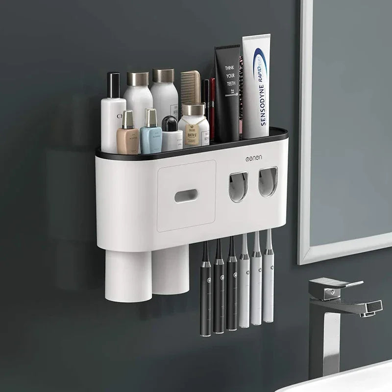 Magnetic Adsorption Inverted Toothbrush Holder Wall-Mounted Double Automatic Toothpaste Dispenser Rack Bathroom Accessories