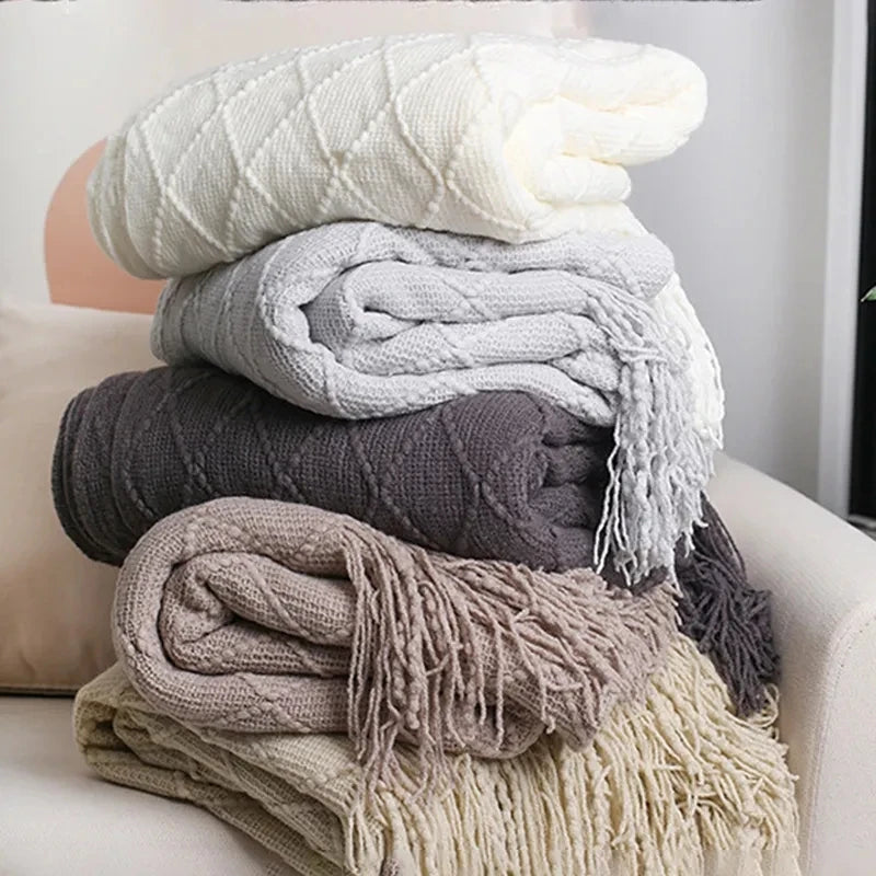 Nordic Knitted Throw Blanket with Tassels