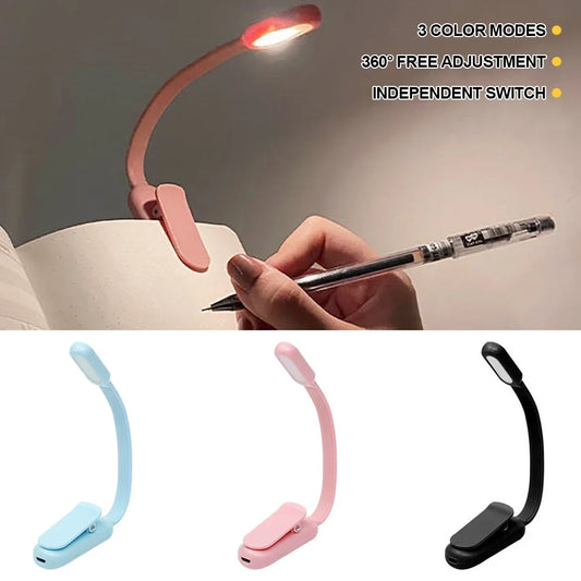 Mini LED Book Night 3 Brightness Adjustable USB Rechargeable Clip-On Study Reading Lamp for Travel Bedroom Dormitory Reading