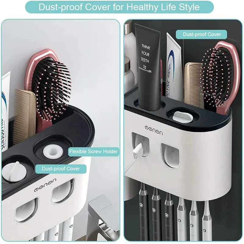 Magnetic Adsorption Inverted Toothbrush Holder Wall-Mounted Double Automatic Toothpaste Dispenser Rack Bathroom Accessories