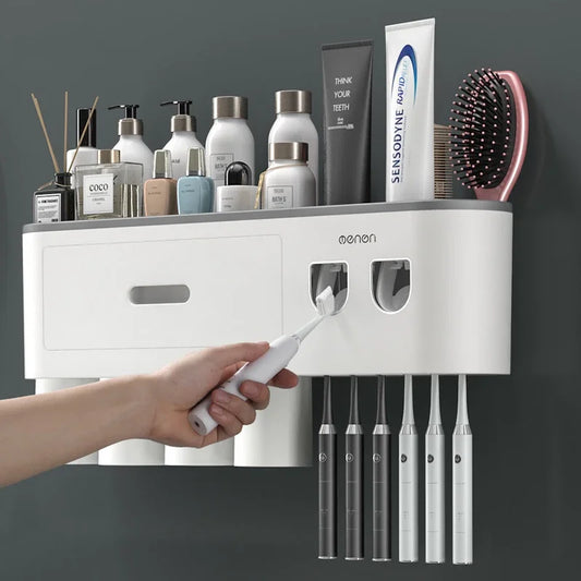 Magnetic Adsorption Inverted Toothbrush Holder Wall-Mounted Double Automatic Toothpaste Dispenser Rack Bathroom Accessories