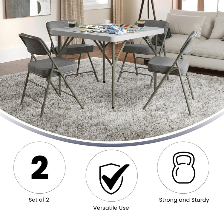 Set of 2 folding chairs with a table in a living room setting, featuring icons indicating versatility, strength, and durability.