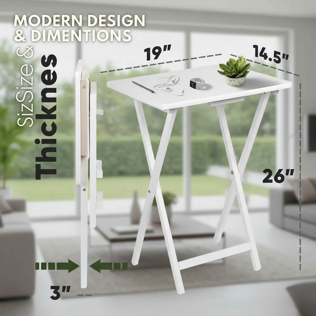 Set of 2 white wood-finish folding TV tray tables, sturdy for couch dining or work.
