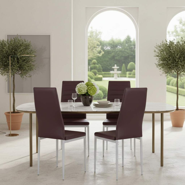 Set of 4 high-back brown PVC dining chairs on a modern white dining table, elegant and comfortable.