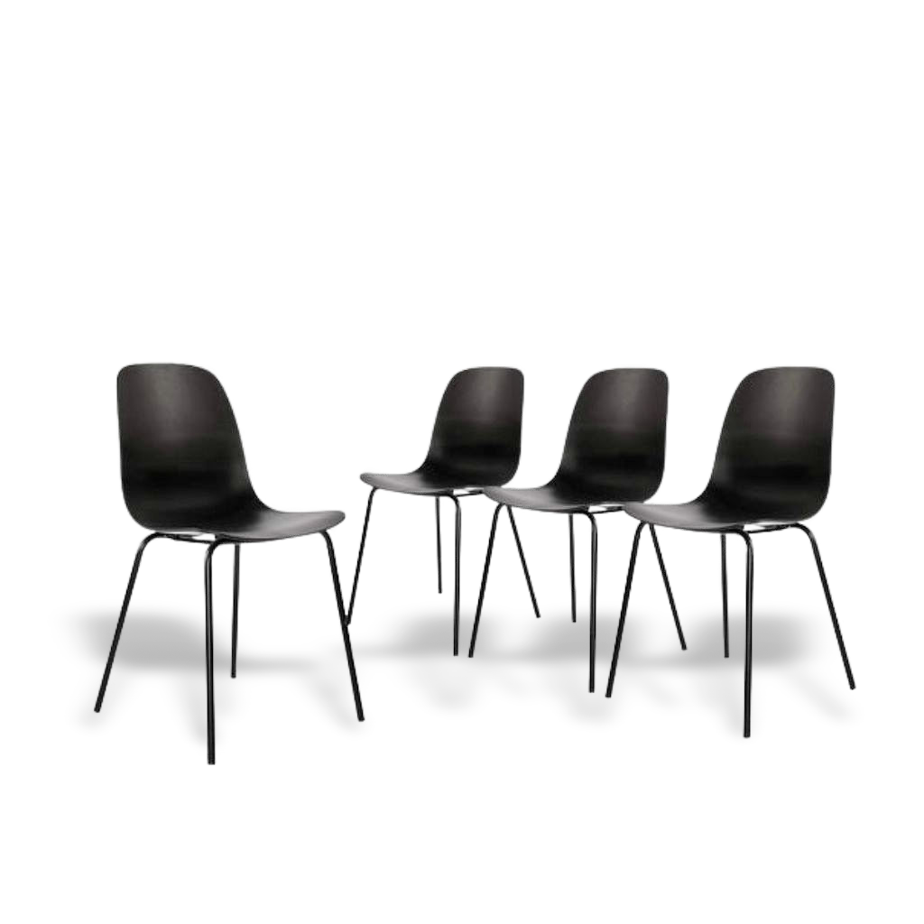 Set of four matte black dining chairs with metal legs for kitchen and living room.