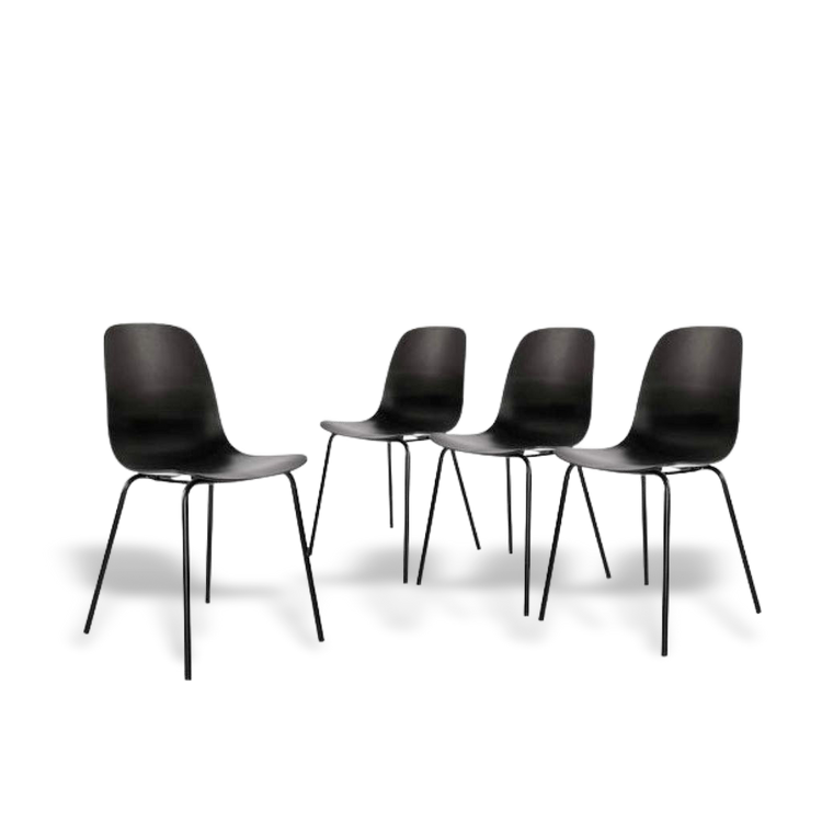 Set of four matte black dining chairs with metal legs for kitchen and living room.
