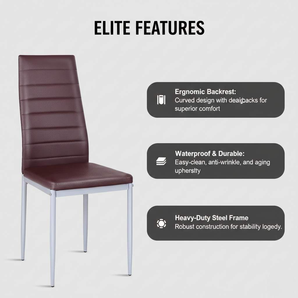 Set of 4 modern dining chairs with high-back brown PVC upholstery and metal legs, features.