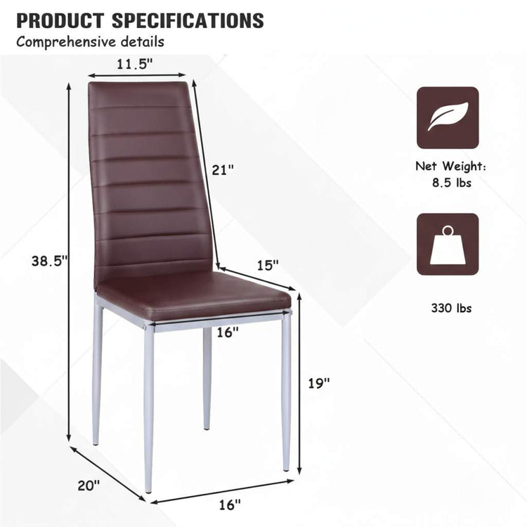 Set of 4 modern high-back brown PVC dining chairs with chrome legs, dimensions