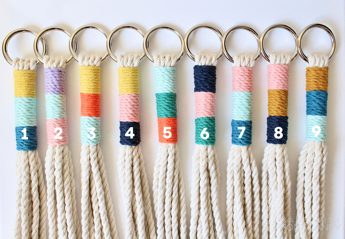 Set of colorful keychains with numbers on a white background