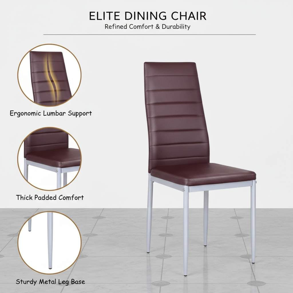 Set of four high-back brown PVC dining chairs with padded seats and sturdy metal legs.