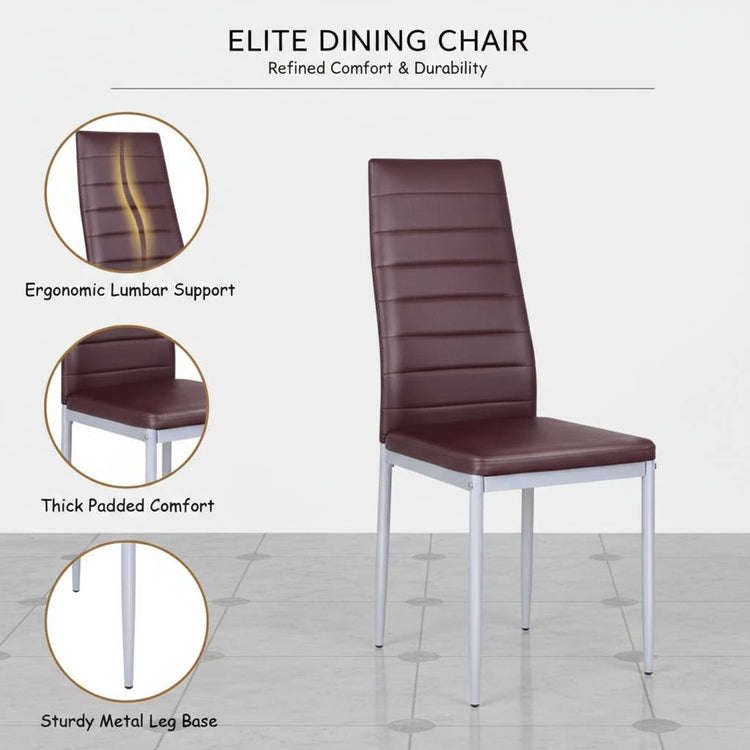 Set of four high-back brown PVC dining chairs with padded seats and sturdy metal legs.