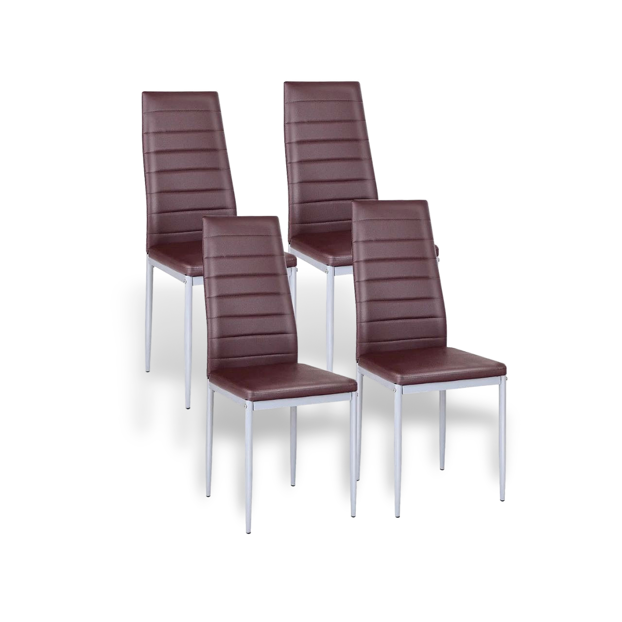 Set of four modern high-back dining chairs with brown PVC upholstery and white metal legs.