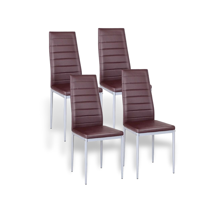 Set of four modern high-back dining chairs with brown PVC upholstery and white metal legs.