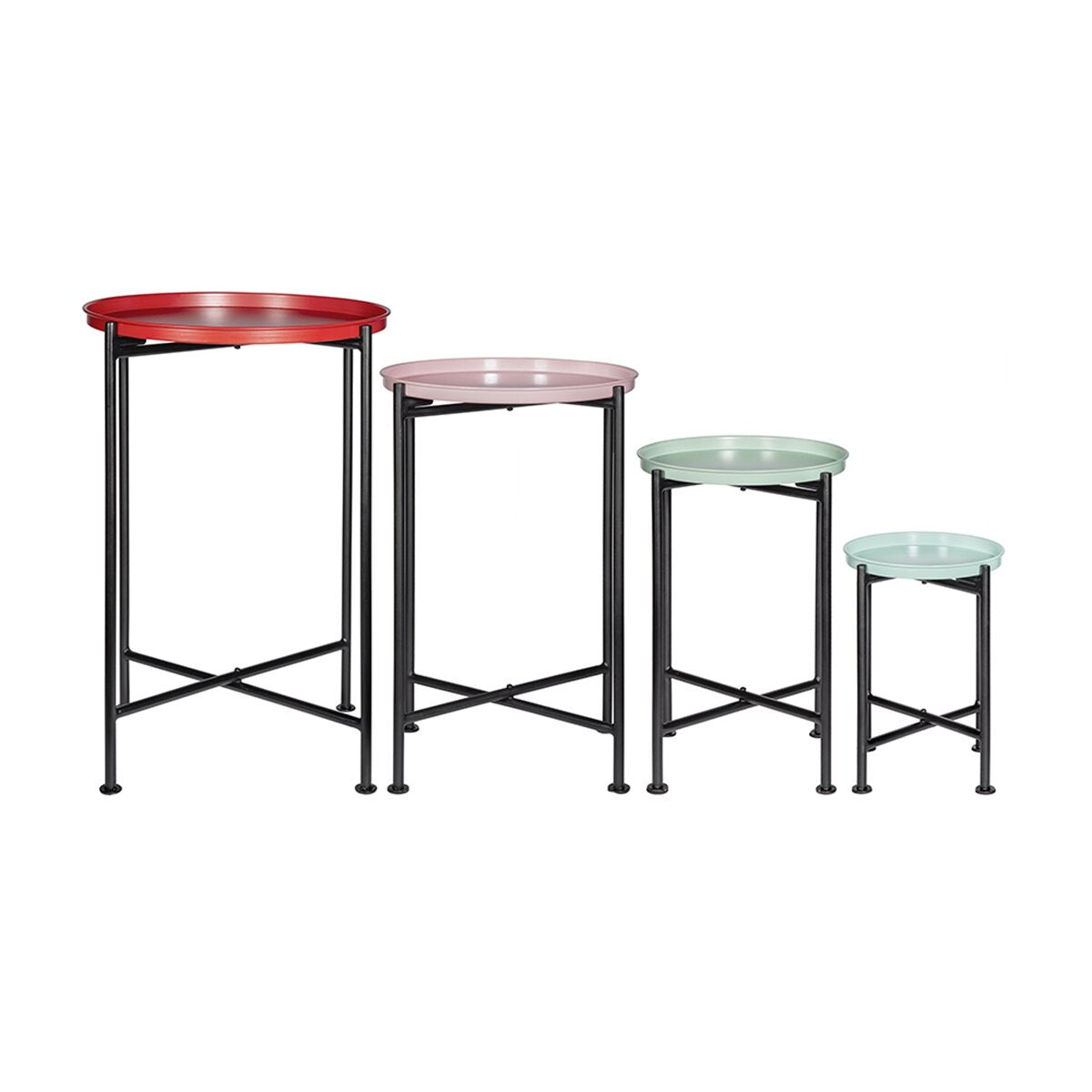 Set of four nesting tables with different colored tops on a white background